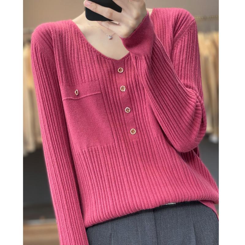 DAFIFY Women's Fashion Casual Fall Winter Solid Color Print Long Sleeve V-Neck Sweaters