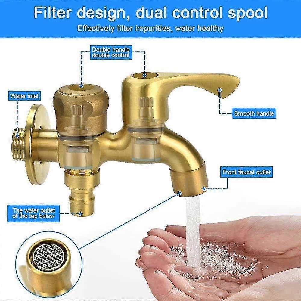 2026 Double Outlet Brass Garden Faucet, Anti-Freeze with Dual Valves and Built-in Filter, 1/2 inch G1/2 Thread for Outdoor Washing Machine Irrigation
