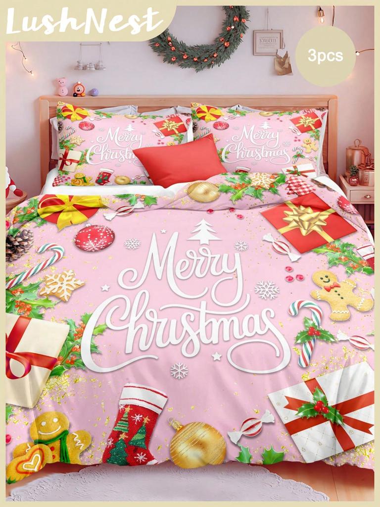 Christmas Bedding Set Red Background Snowflakes Christmas Duvet Cover Set Christmas Gingerbread Man Printed 3 Pieces Christmas