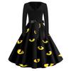 Women's Casual Vintage Halloween Dress V Neck Long Sleeve Bat Print A Line Skirt Retro Style Belted Waist Swing Dress