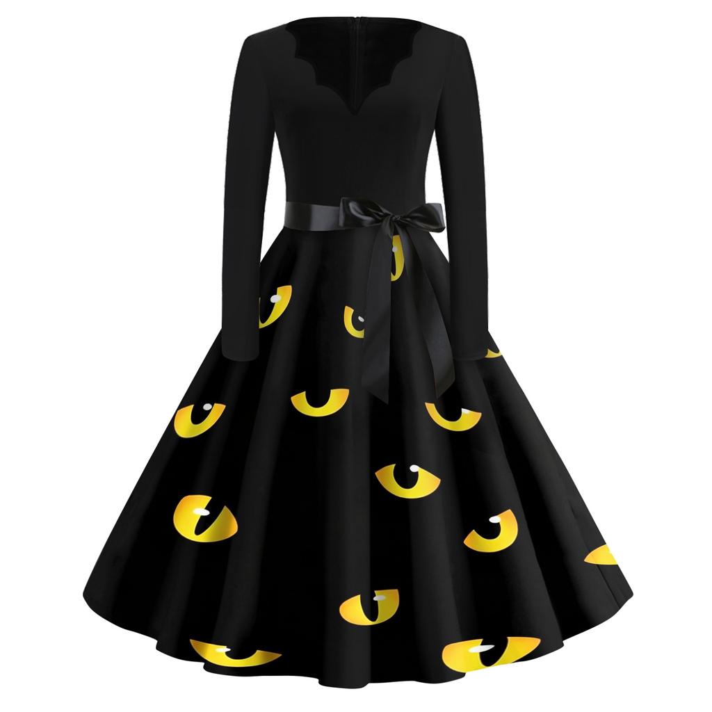 Women's Casual Vintage Halloween Dress V Neck Long Sleeve Bat Print A Line Skirt Retro Style Belted Waist Swing Dress