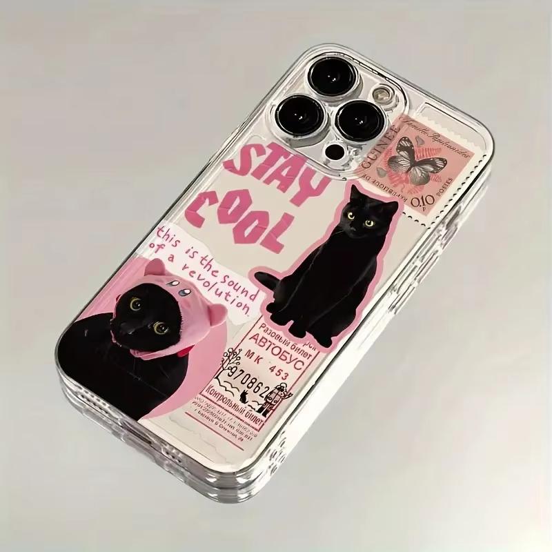 Phone Case For iPhone 17 Pro Max 16 15 Pro 14 13 Mini 12 11 XR XS 17Air 16 Plus Creative Label Black Cat Clear Bumper Cover