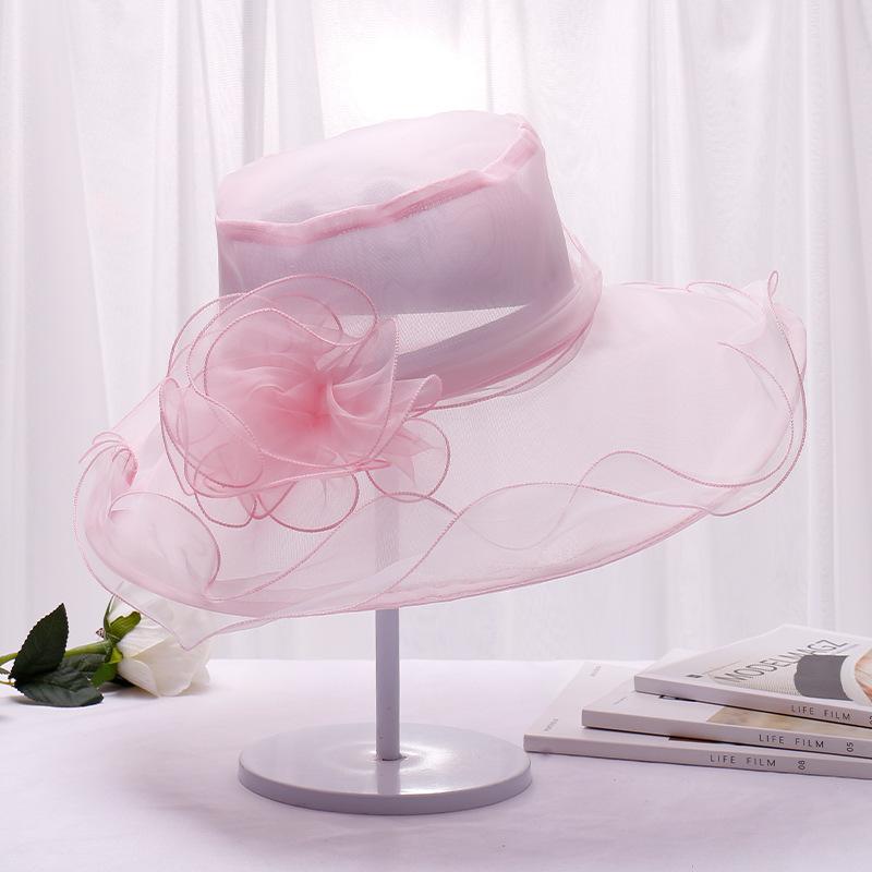 Fashion summer organza hat women flower UV protection beach gauze hat sunshade big brim hat