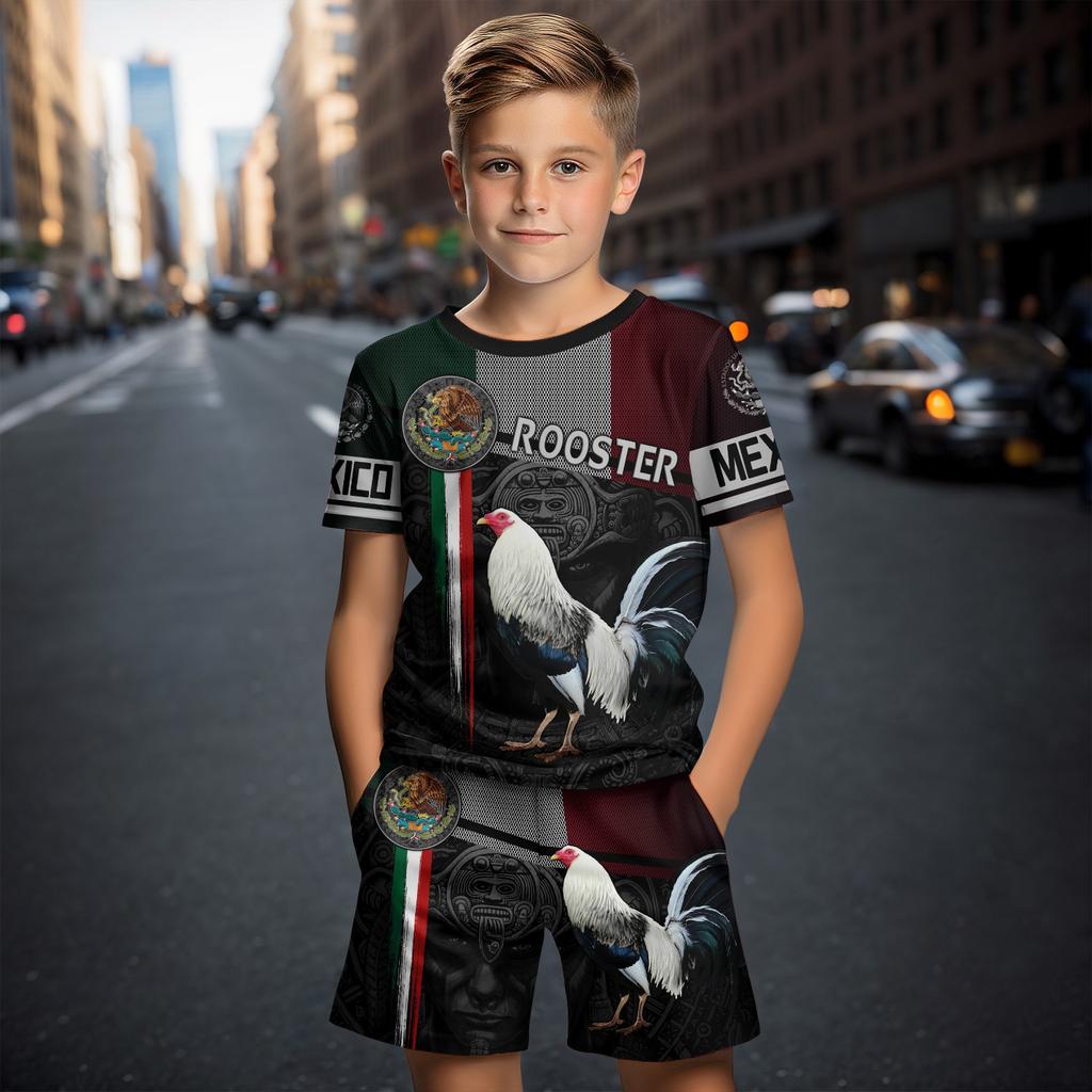 Детский повседневный топ из двух предметов с короткими рукавами и шортами с 3D принтом «Мексиканский петух» для мальчиков и девочек 4–14 лет, детский костюм