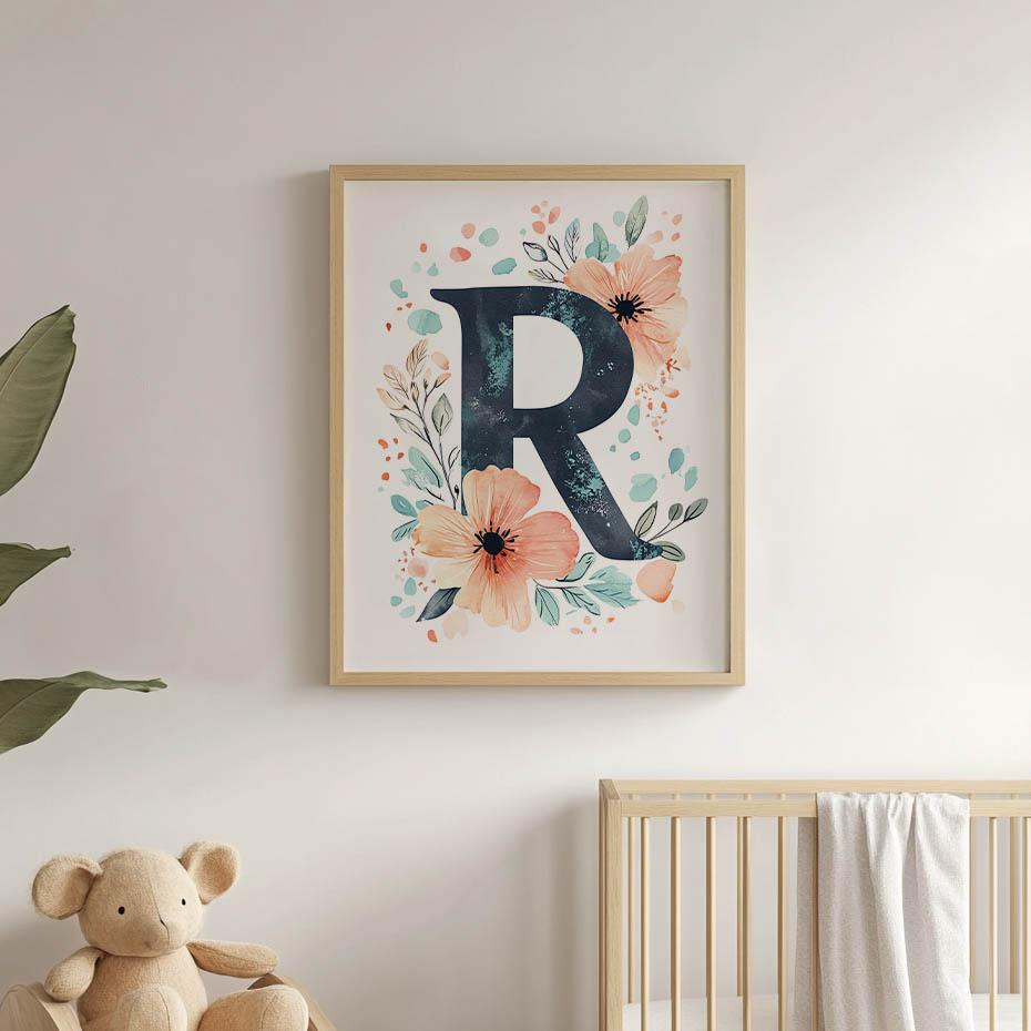 Plakat Litera "R" W Kwiatowym Wieniecu Plakat Litera "R" W Kwiatowym Wieniecu, 50X70 Cm, Bez Ramy, Płótno Premium Na Blejtramie
