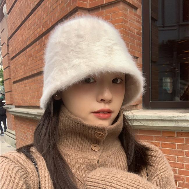 Solid Faux Fur Bucket Cap Women's Basin Hat Winter Hat Korean Casual Japanese Hats