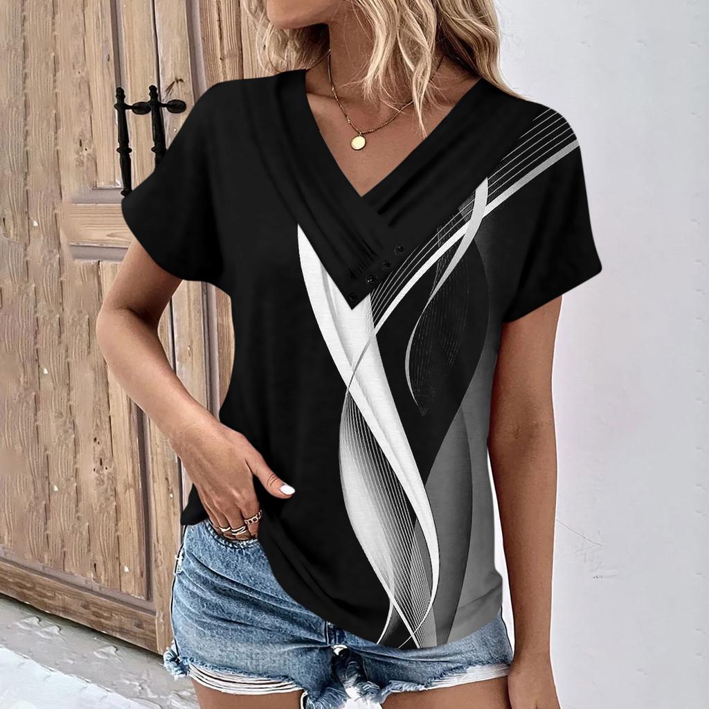 Summer Tops For Women Pattern For Women V-Neck Short Sleeve Comfy Womens Tops Oversized Tshirts