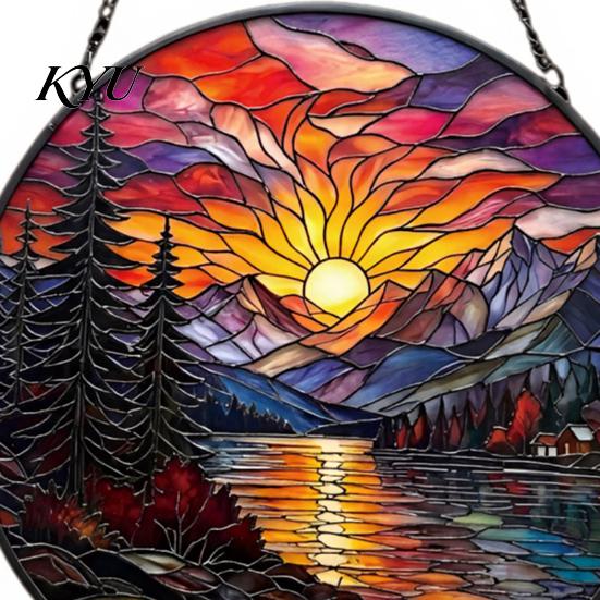 Retro Style Wall Decoration Stained Glass Suncatcher, Mountain Sunset Landscape Window Hanging Ornament, Colorful Modern Interior Decor Sun