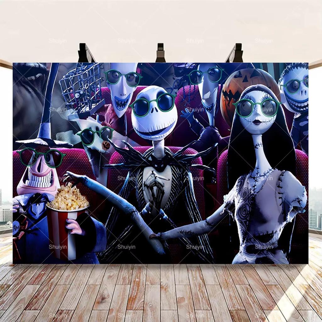 Spooky Skeleton Couple Halloween Photography Backdrop Pumpkin Graveyard Moon Background, Horror Gothic Party Photo Booth Decor366