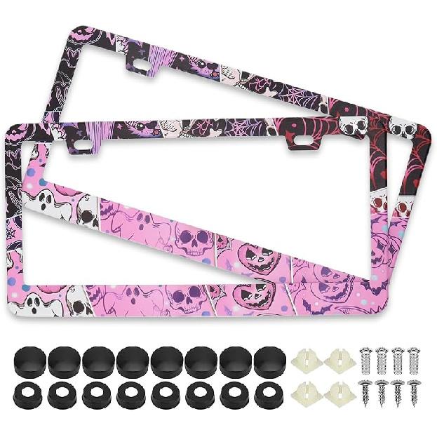 Splicing Skull Ghost Bat License Plate Frames, 2 Pack Halloween Horror Car Plate Frame, Stainless Steel License Plate Holders Covers With Free Screws