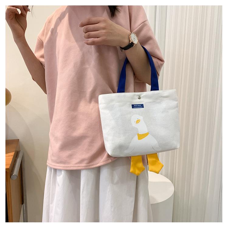 Cute Duck Canvas Tote Bag for Women, Small Handheld Shoulder Purse, Kawaii Cartoon Crossbody Bag for Daily Outings KTB