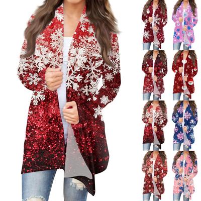 Женская мода повседневная рождественская печать средней длины кардиган куртка пальто