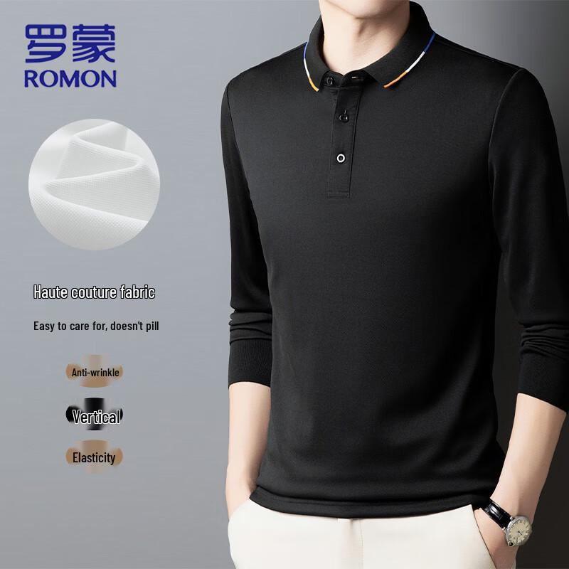 ROMON Мужская классическая рубашка-поло с длинным рукавом в стиле business casual