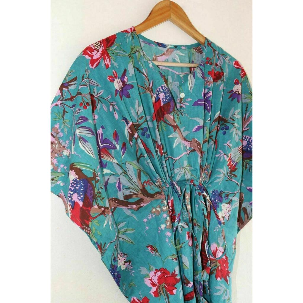 Индийское бирюзовое длинное хлопковое платье макси с принтом птицы в стиле бохо, ночное платье-кафтан CKFTN-SCRN-FULL-BUYIT-010