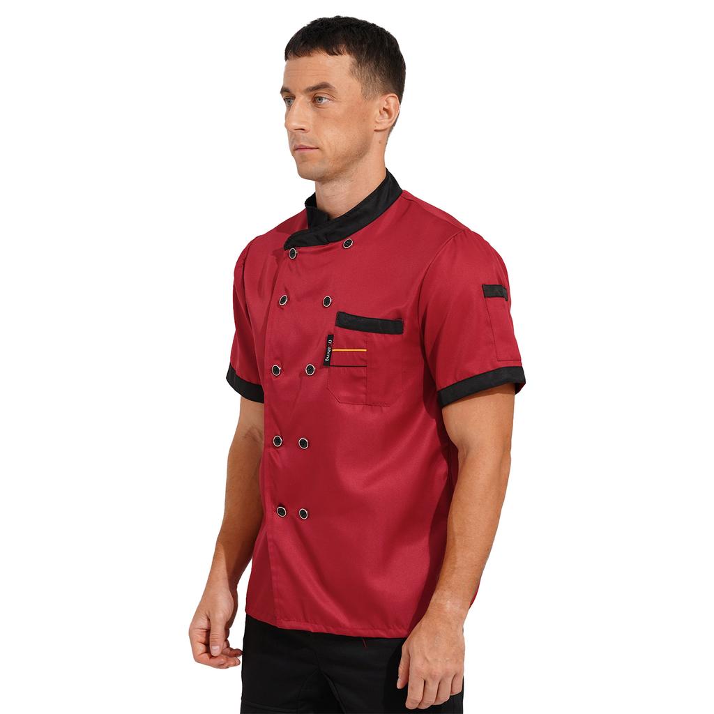 Мужская куртка шеф-повара с коротким рукавом, контрастный цвет, вырез на пуговицах спереди, униформа для персонала кухни, ресторана или отеля