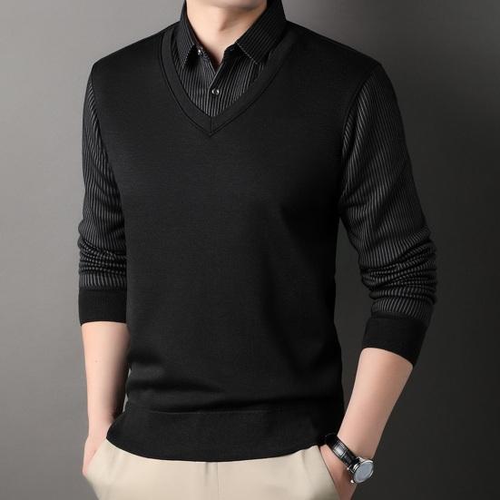 Мужской свитер, имитация двухсекционной рубашки и свитера, формальный деловой стиль, отложной воротник, длинные рукава, полосатый офисный топ на осень и весну