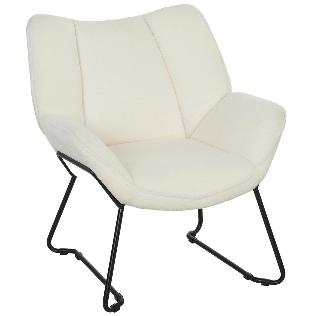 Modern Accent Chair, Sherpa Fleece Upholstered Chair with Wide Backrest and Steel Legs, Easy Assembly, White