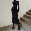 Black Half Turtle Neck Long Sleeve Dress for Women Autumn Winter Slim Fit Hip-hugging Dress Famel Vintage Fashion Clothing