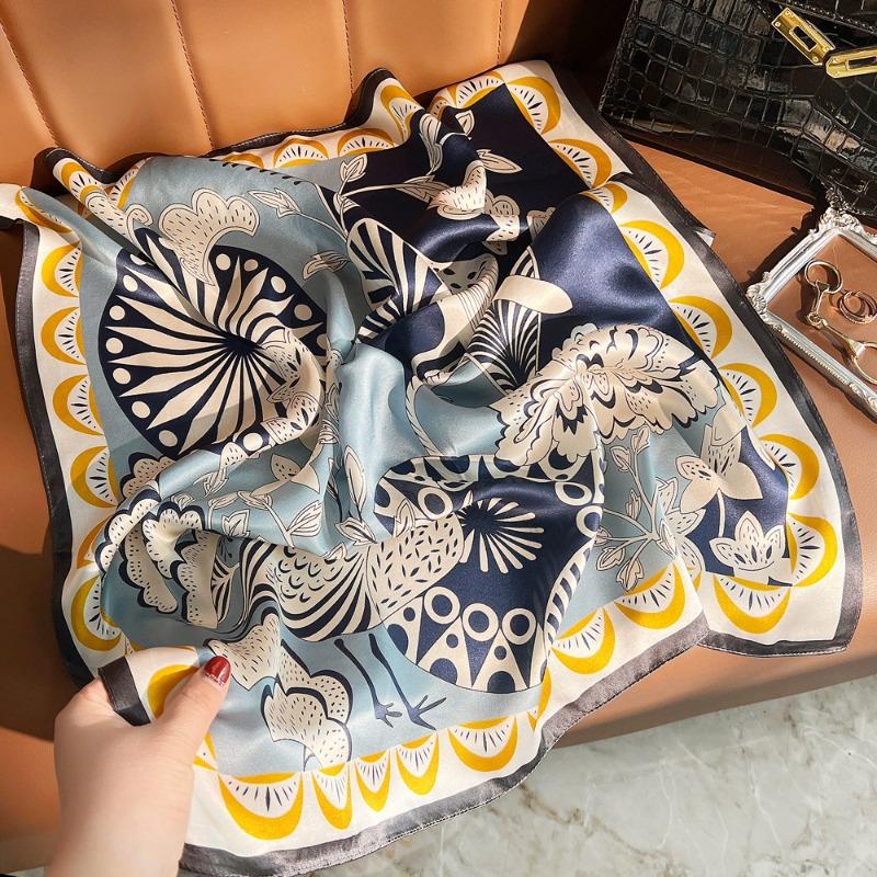 Spring New Blue Peony Printed Silk Scarf Women's Mulberry Silk Plain Crepe Satin Small Square Scarf Versatile Scarf