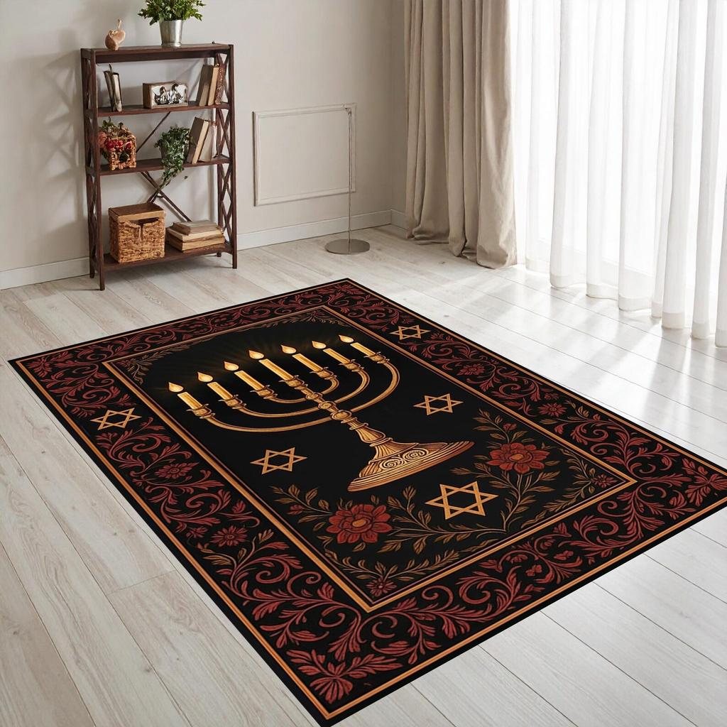 Golden Seven Branch Menorah Vintage Floral Gold Frame Black Anti-slip Area Rug Living Room Religious Holiday Decor Floor Mat
