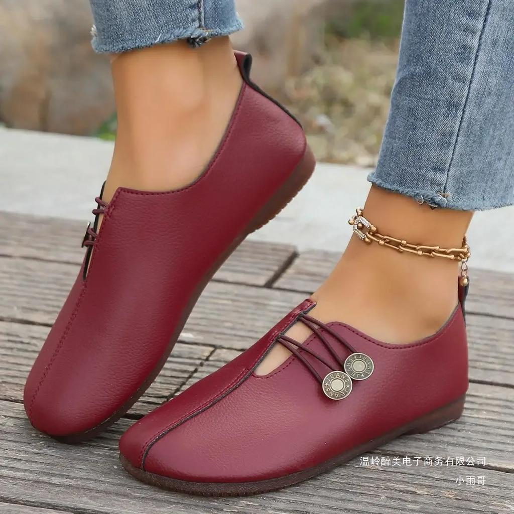 Fashion Soft-soled Hollow Button Shallow Single Shoes, Women's Lazy Doudou Shoe Mother Flat-soled Small Leather Shoes