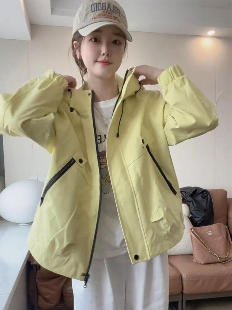 Женская куртка-ветровка с капюшоном свободного кроя - Универсальный корейский стиль, короткий дизайн на кулиске для весны и осени