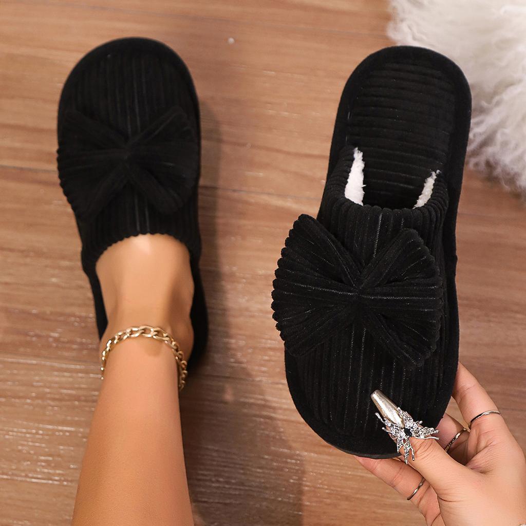 Cute Bowknot Soft Sole Fuzzy Slippers, Winter Cozy & Warm Slip On Plush Shoes, Comfy Closed Toe Home Slippers