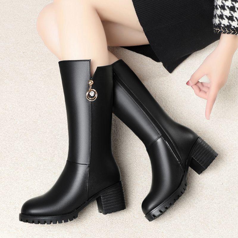 Autumn Winter Black Leather Fleece-Lined Half High Boots for Women Elegant Heeled Mid Calf Shoes Woman Goth Chic Footwear Sale