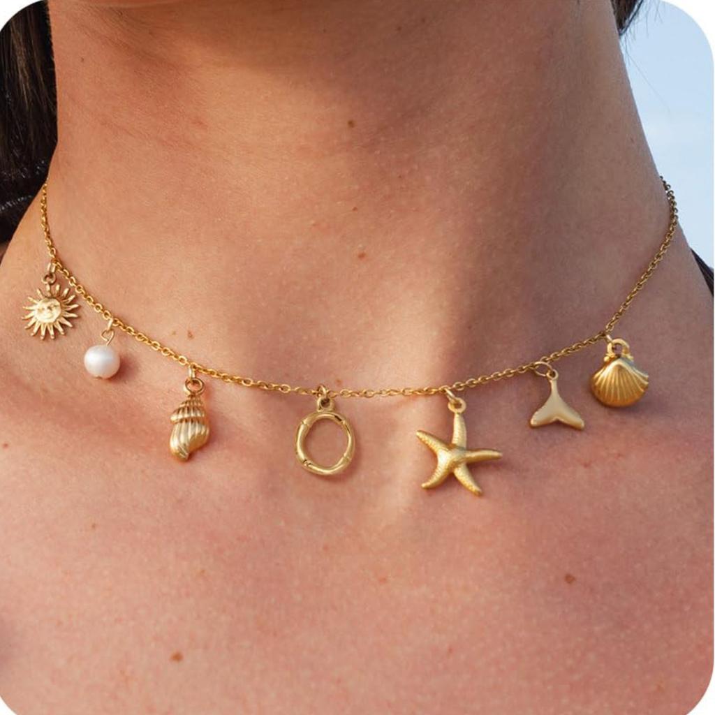 MHS.SUN Starfish Shell Initial Necklace Waterproof 18K Gold Plated Stainless Steel Charm Necklaces Surfer Girl Summer Beach Gift