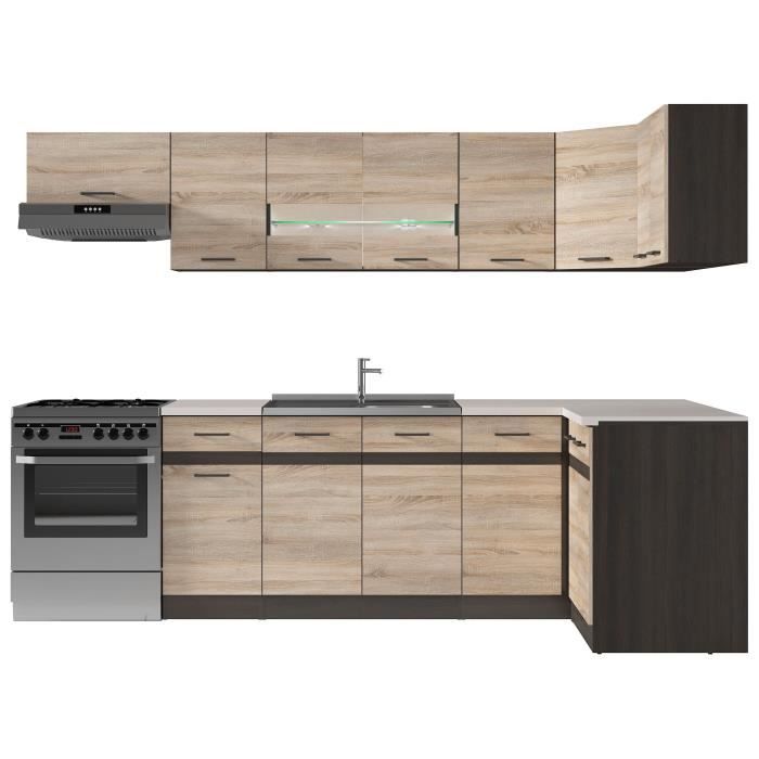 JUNONA Полная угловая кухня и столешница Д 3м40 - Реверсивный угол - Декор дуб сонома - столешница в комплекте