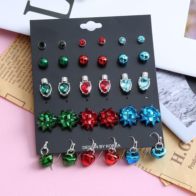 Christmas Stud Earrings Combination New Cartoon Holiday Alloy Dripping Elk Old Man Bell Earrings Set