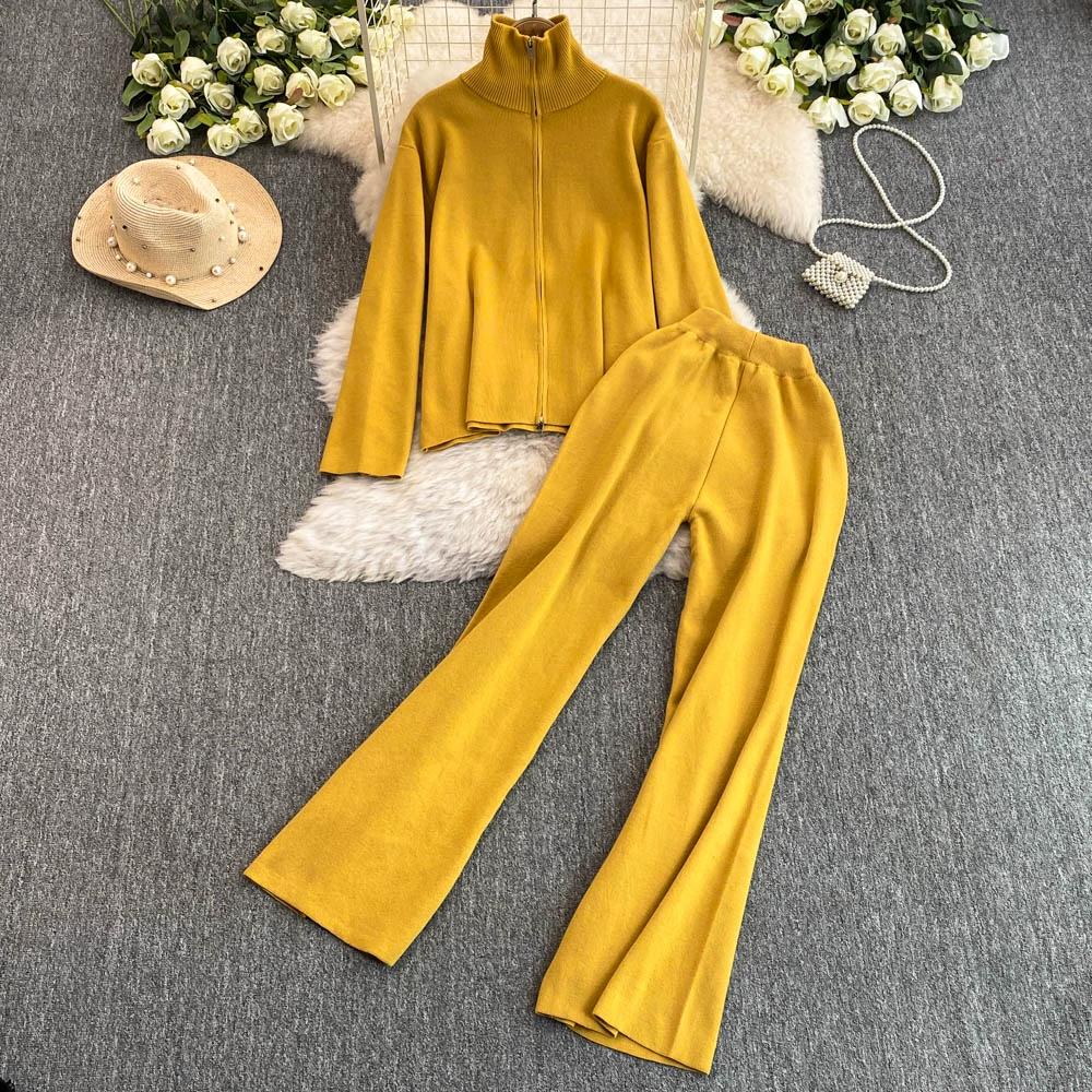 Осенне-зимний трикотажный свитер, брюки, комплект из двух предметов, женская водолазка на молнии, куртка и брюки длиной до щиколотки