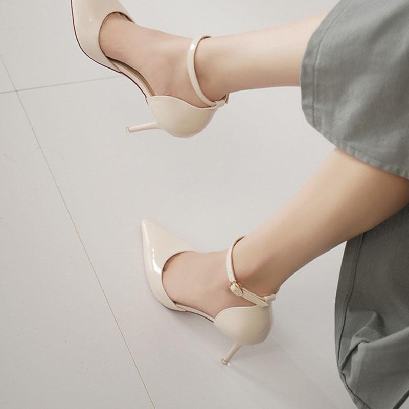 Новые модные туфли на высоком каблуке для женщин из лакированной кожи с острым носком и ремнем на щиколотке, женские туфли-лодочки, весенние туфли-лодочки телесного и черного цвета Talon Femme