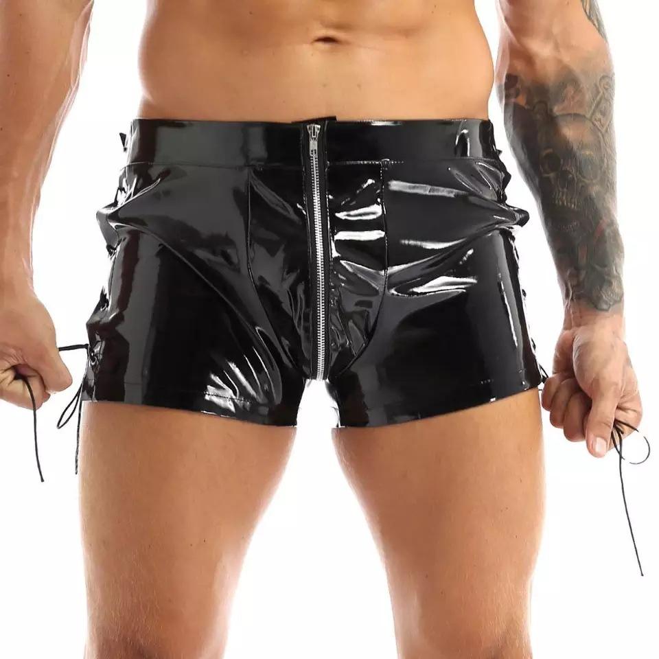 Patent Leather Boxer Briefs Men's PVC Mirror Glossy Underwear Zip Open Crotch Underpants Cross Strap Panties Male Boxer ShortsGood product
