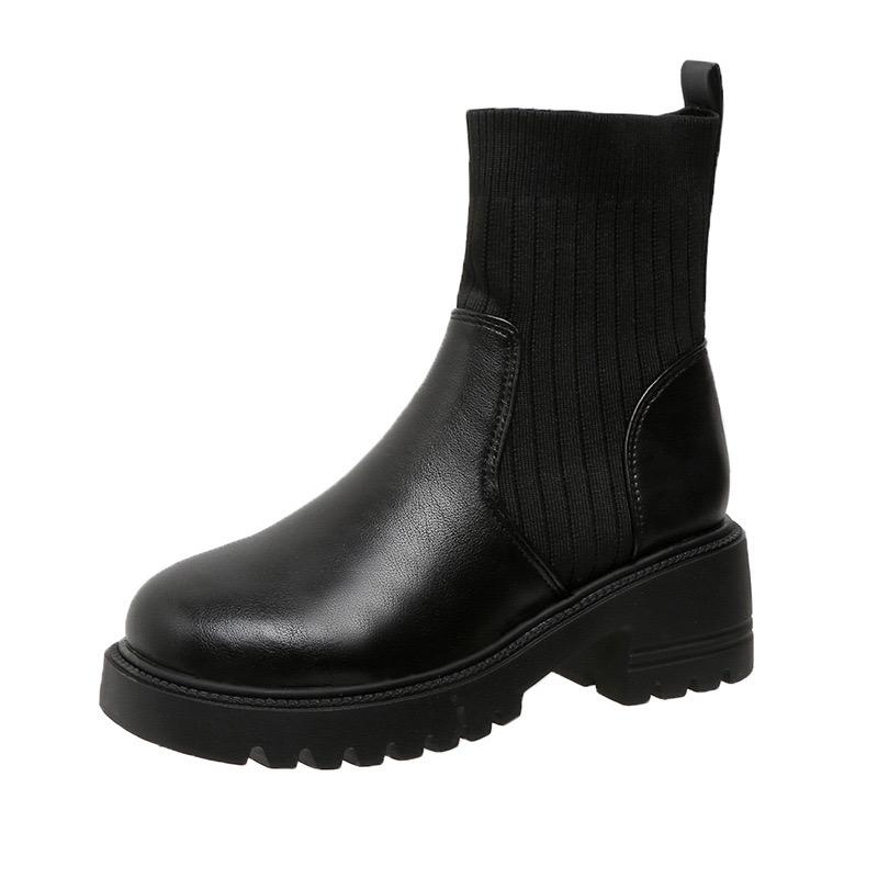 Женские ботинки большого размера 2025 Новые модные вязаные лоскутные модные ботинки Толстая подошва Толстый каблук Стройнящие короткие ботинки