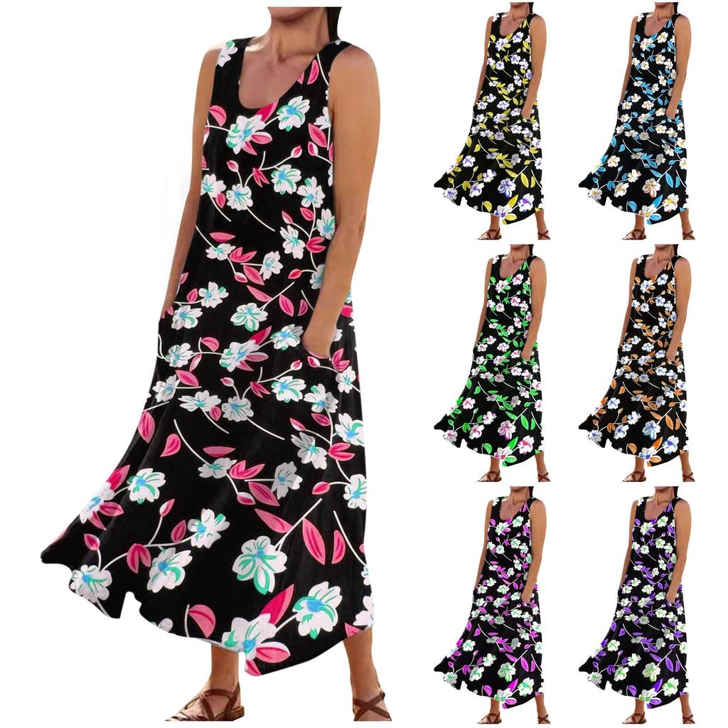 Women's Casual Comfortable Floral Print Sleeveless Cotton Pocket Dress