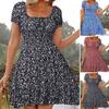 Women's Short Sleeve Summer Dress Square Neck Boho Floral Smocked Swing Dress A-Line Flowy Ruffle Beach Sundress