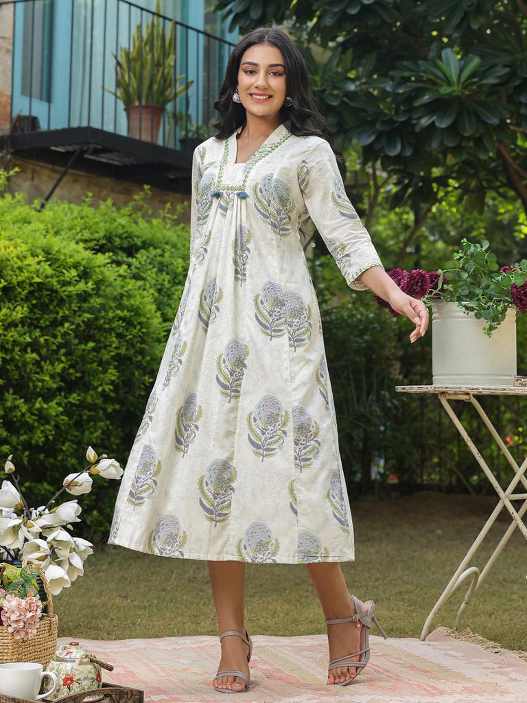 Платье с ручным принтом | Платье с блочным принтом | Белое платье с цветочным принтом | Осеннее платье | Подарки для нее | Хлопковое платье с карманами. Сделано вручную в Индии