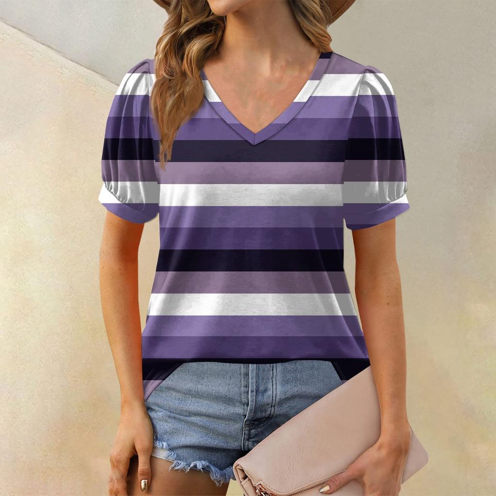 Women's Fashion Striped Printed Top Puff Short Sleeve V-neck T-shirt Loose Casual T-shirt