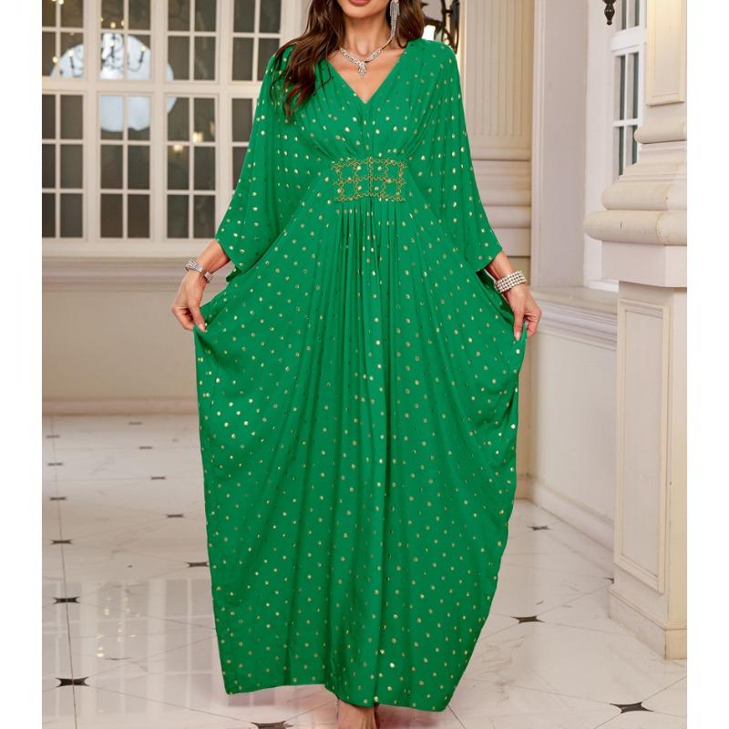Женская мода весна осень горошек принт длинный рукав V-образный вырез свободная талия повседневные платья
