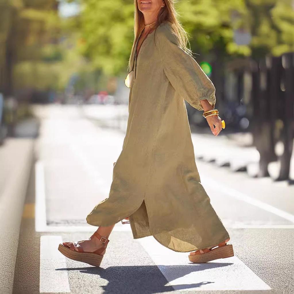 2025 Summer Women's V-neck Cotton Linen Dress: Casual European & American Vacation Style