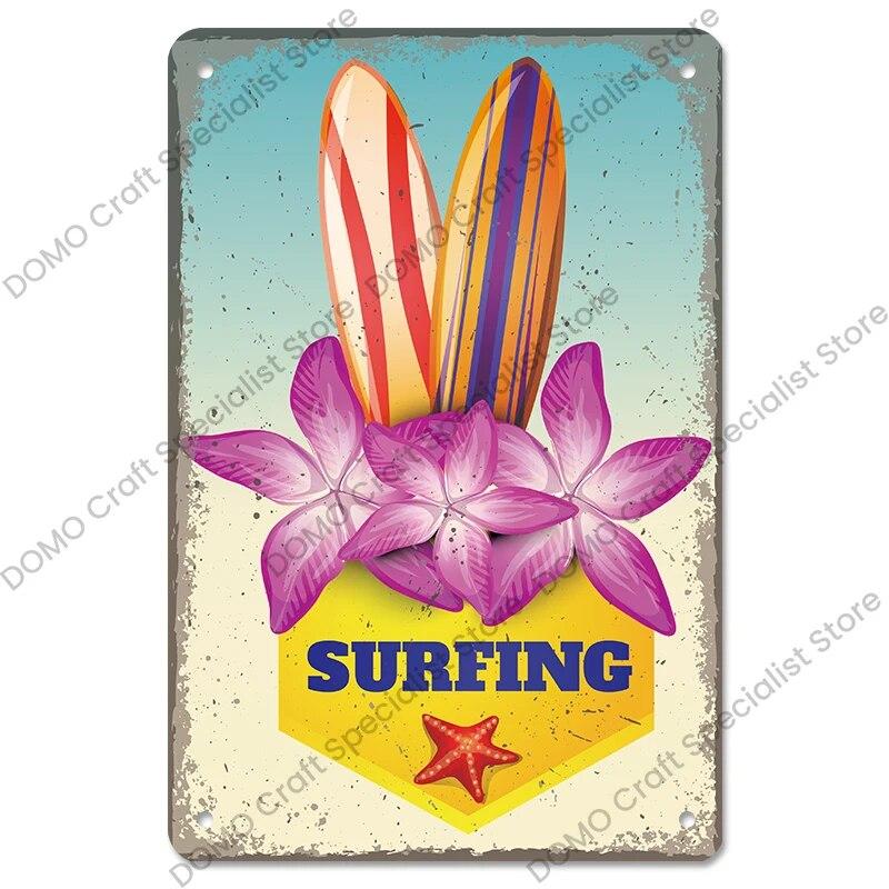 Surfing Board Poster Vintage Metal Tin Signs Enjoy Summers Metal Plaque Retro Wall Art Decor for Surf Club Pub Bar