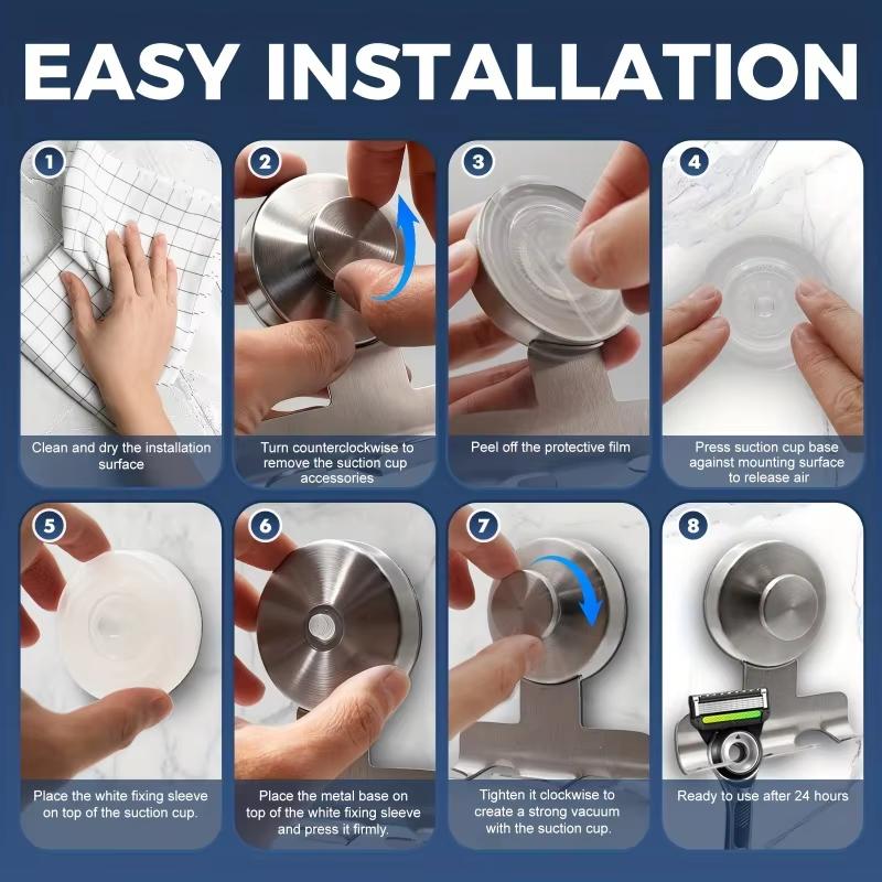 Heavy-Duty Stainless Steel Suction Cup Razor Holder for Shower - Stainless Steel Bathroom Wall Mount Utility Removable Hooks