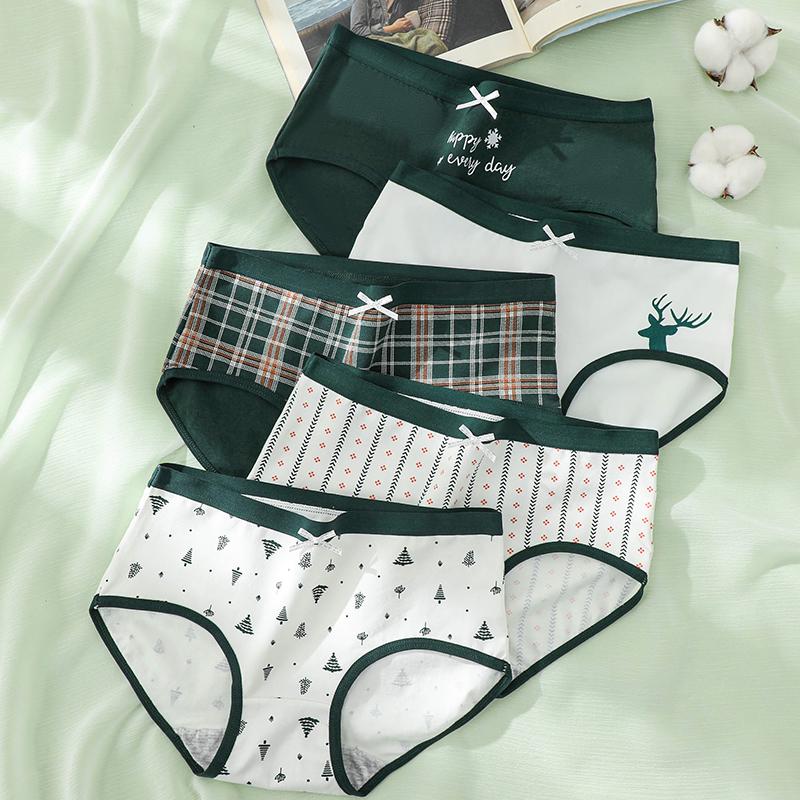 LANGSHA 5Pcs Cotton Panties Women Underwear Breathable Cute Print Briefs Female Fashion Lingerie XXL