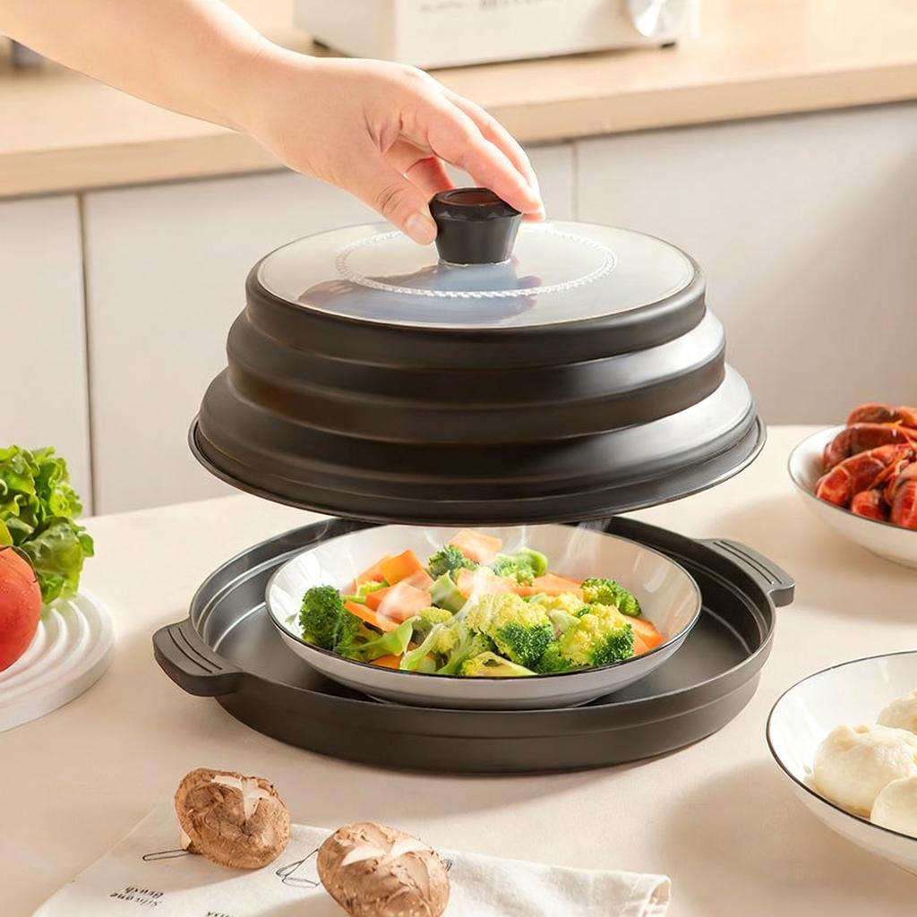 Portable Transparent Microwave Heating Cover with Base Foldable Food Lid for Storage and Reheating