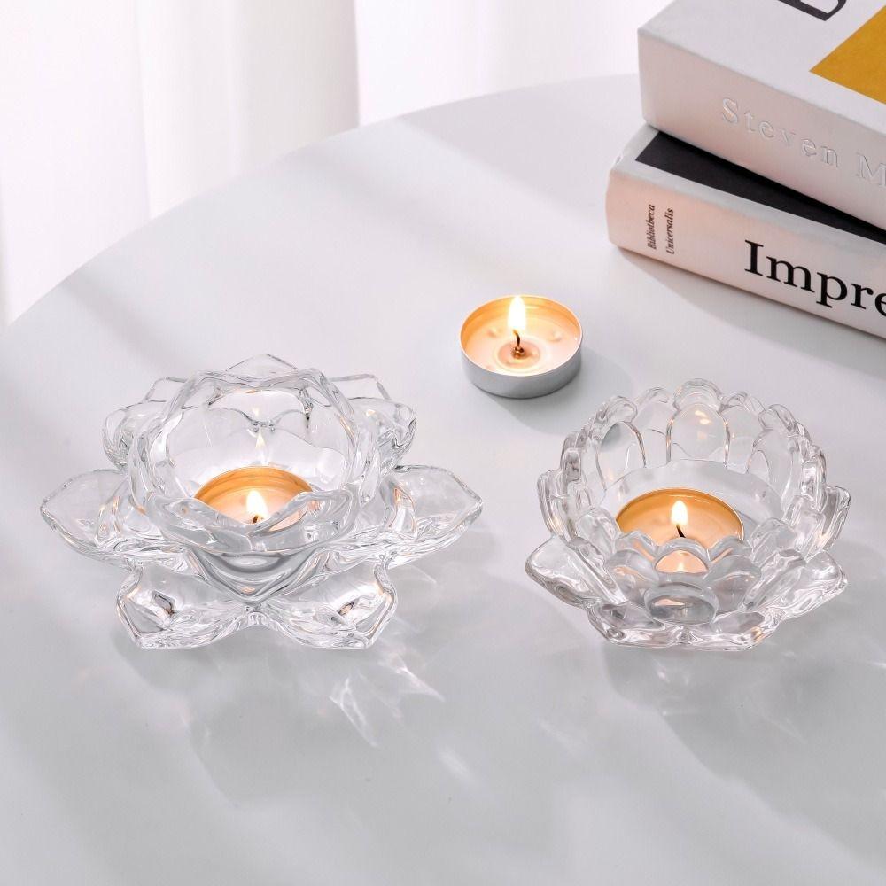 2Pcs Elegant Chinese Glass Lotus Candle Holder Creative Simple Candles Stand Home Decor