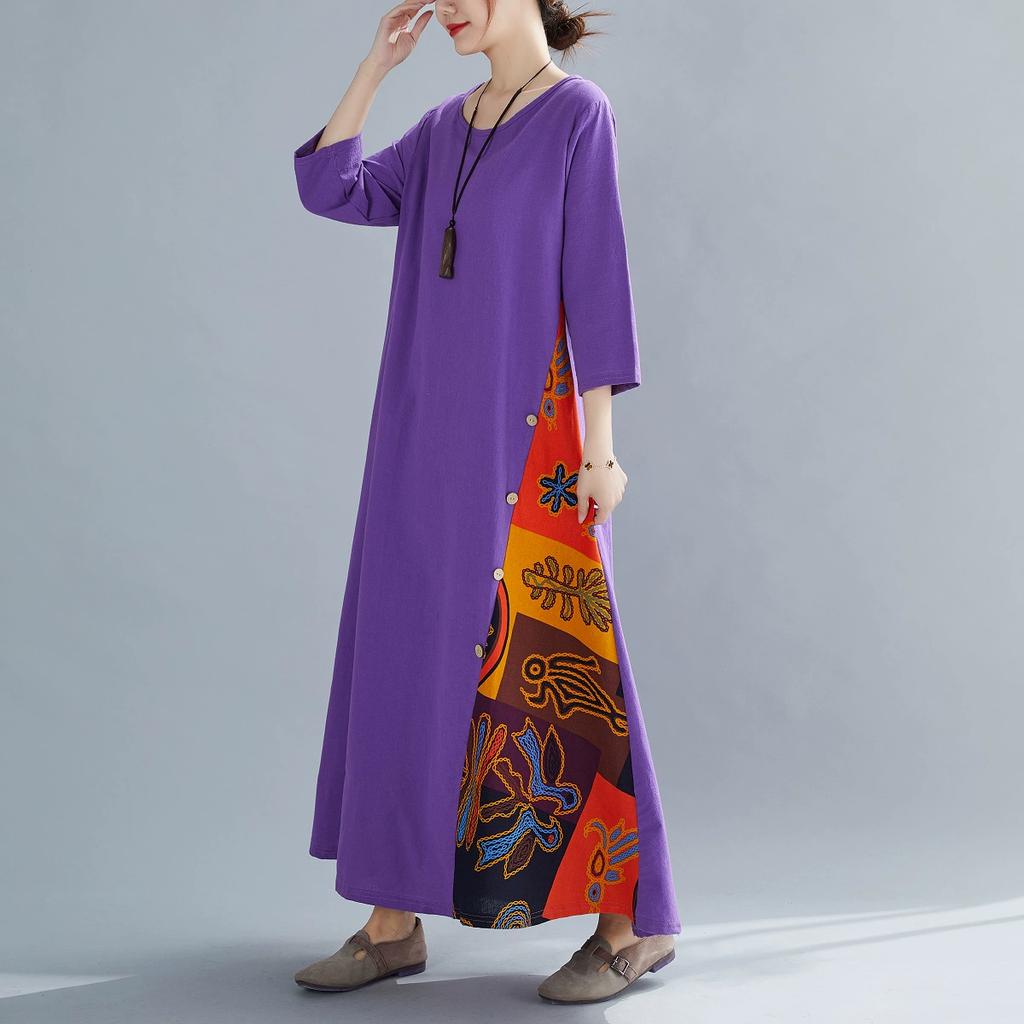 QICED Осенний винтажный цветочный круглый вырез с пуговицами и семиточечным рукавом