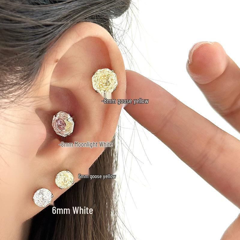 Blinking Diamond Rose Cut Cartilage Stud, 8mm Flat Back Titanium Steel Camellia Design.