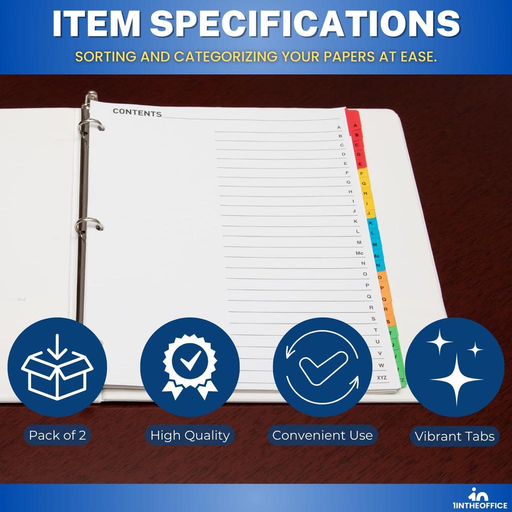 1InTheOffice Alphabet Dividers for 3 Ring Binder, Binder Dividers with Tabs Alphabetical, 2 Pack