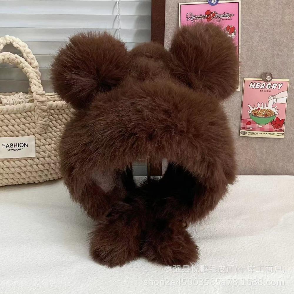 New Warm Winter Hat Lacing Ear Protection Bear Ears Hat Velvet Rabbit Ear Woolen Bucket Hat Women